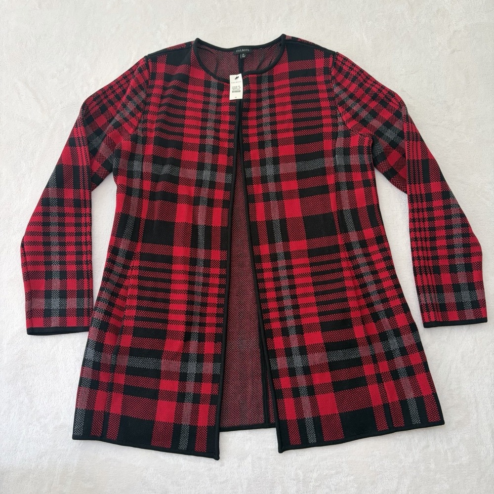 NWT Talbots Plaid Open Front Cardigan Sweater Preppy Dark Academia Sz M Red